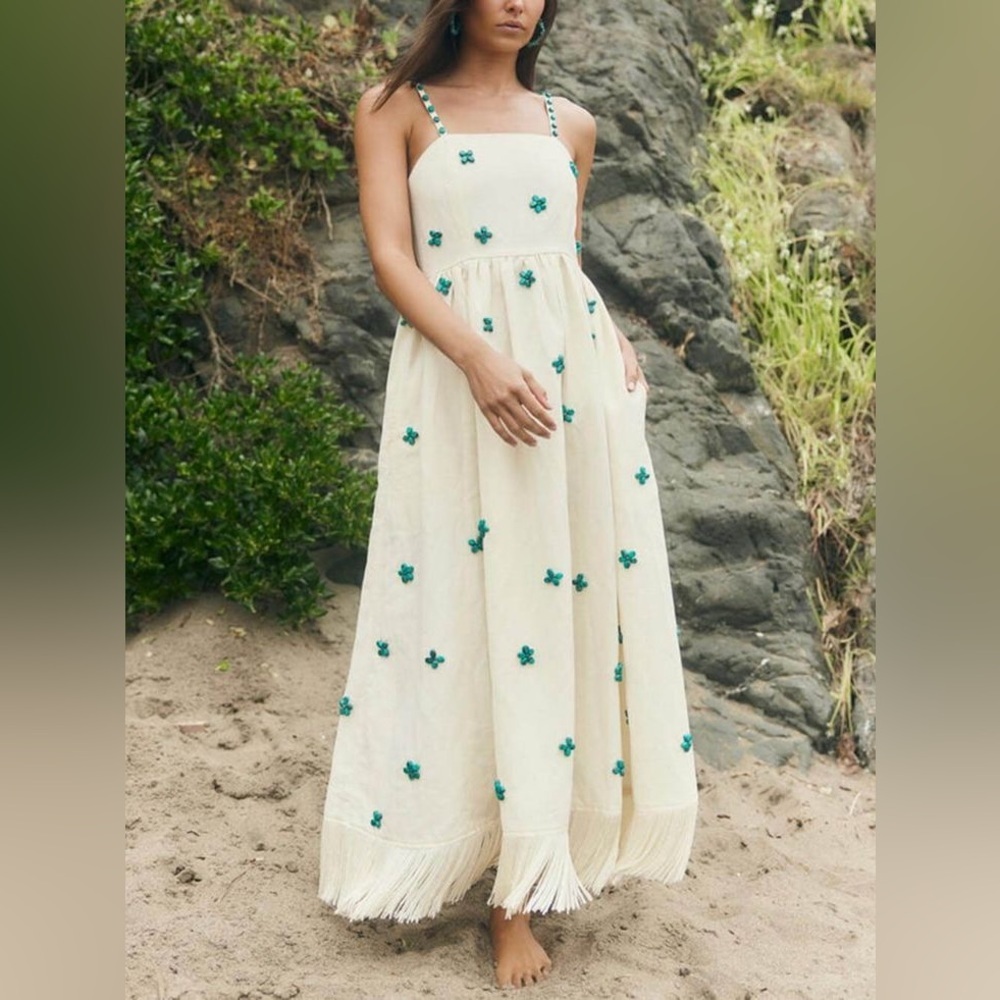 Eddy 100% Linen Beaded Cream Fringe Dress